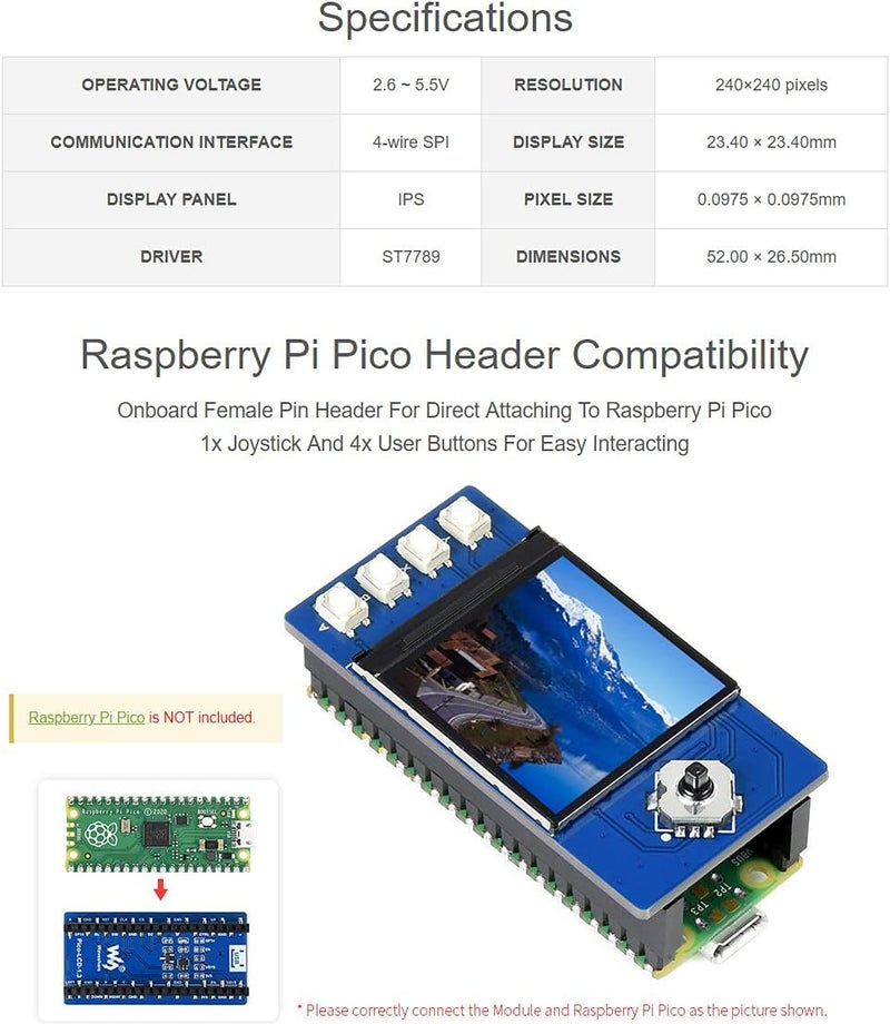 Waveshare 1.3inch LCD Display Module for Raspberry Pi Pico 65K RGB Colors 240×240 Pixels SPI Interface Comes with Raspberry Pi Pico C/C++ and MicroPython Demo - Image 3